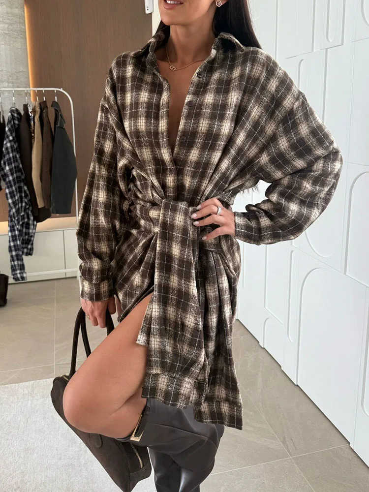 Herfst Winter Nieuwe Single Breasted Dames Tops Vintage Revers Lange Mouw Raster Bedrukte Shirts Vrijetijdsbesteding Dame Losse Pendelblouse