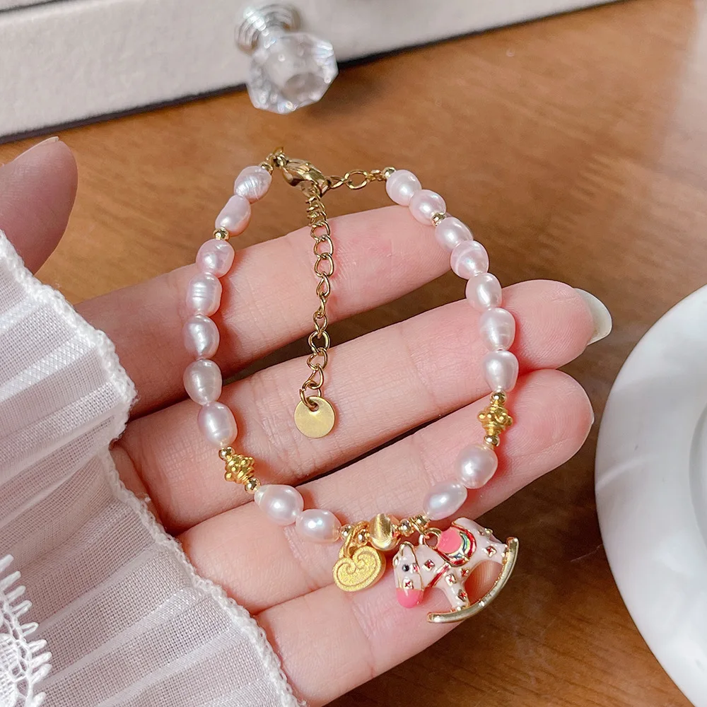 

Instant Wealth~ Simple Exquisite Pink Wooden Horse Natural Pearl Bracelet For Women With Elegant And Luxurious Feel
