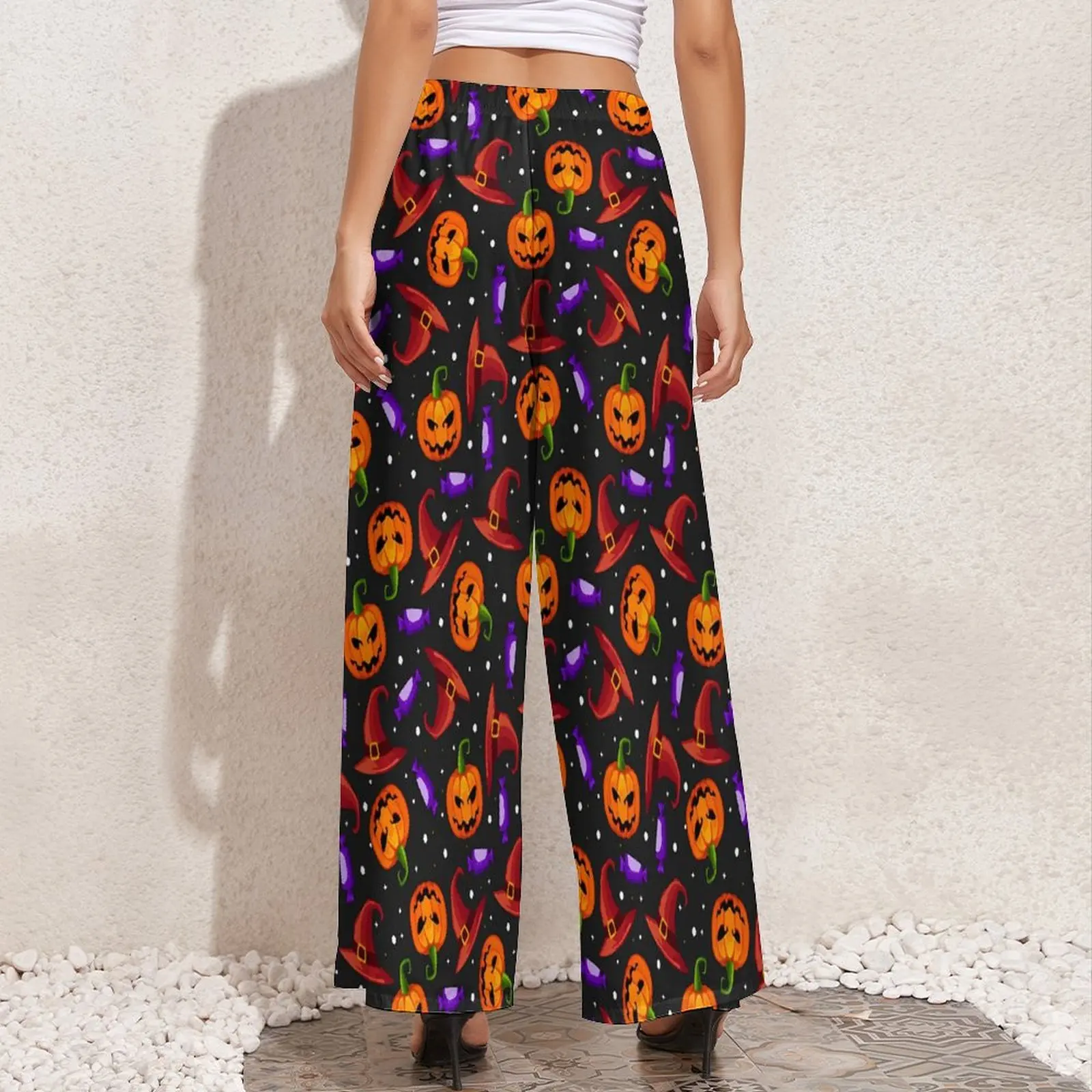 Halloween Straight Pants Pumpkin Witch Hat Candy Kawaii Wide Leg Pants Woman Big Size Streetwear Custom Trousers