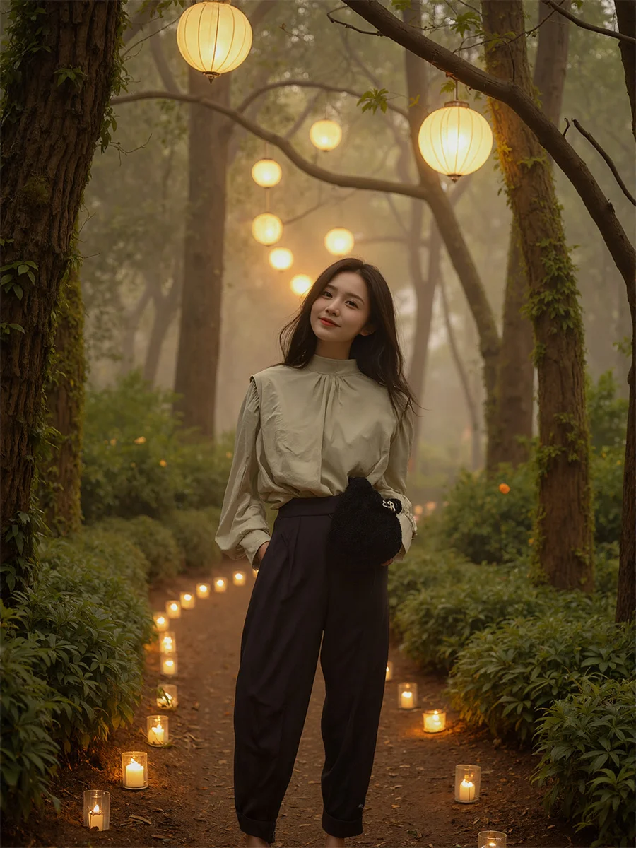 قميص امرأة س الرقبة نصف الياقة العالية الكورية نمط مطوي اللوحة الأمامية زر تصميم أنيق سيدة العمل مكتب أنثى بسيطة الأساسية