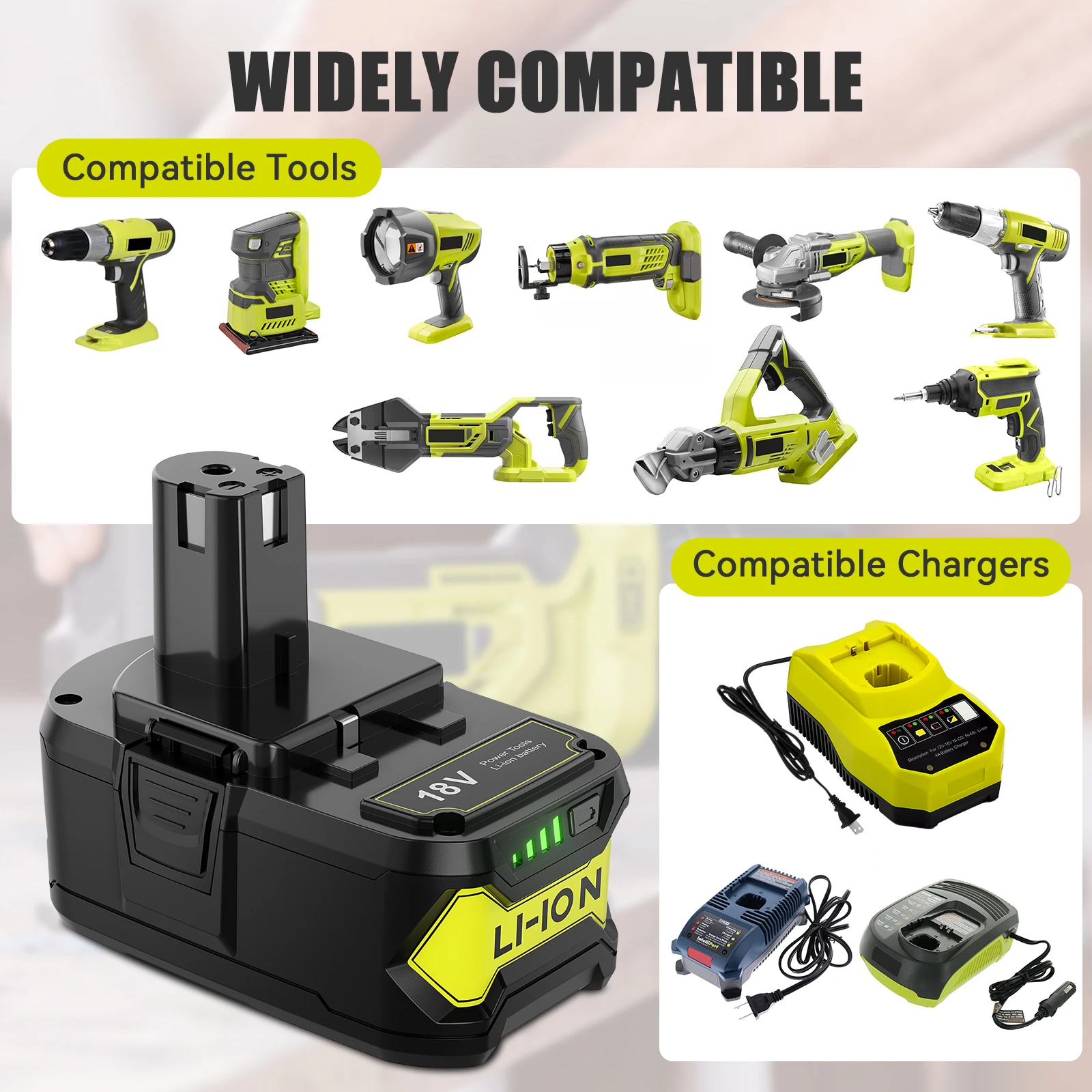 P108 8.0Ah For Ryobi One 18v High Capacity 18v LI-ion Compatible With For Ryobi P107 P109 Power Tools 8000mAh Battery+Charger