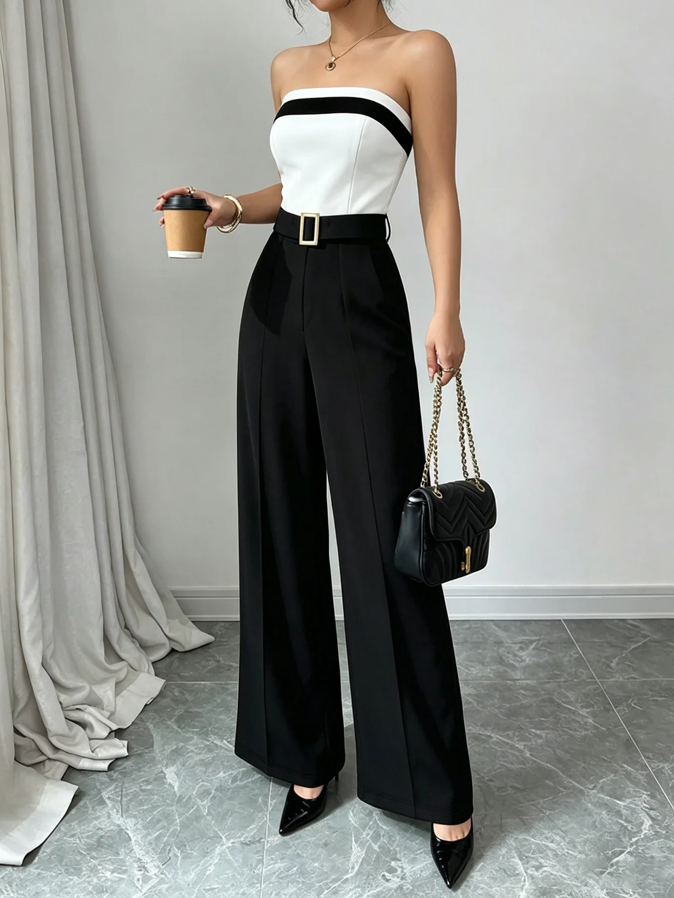 Womens Black And White Jumpsuit Fabric Closeup