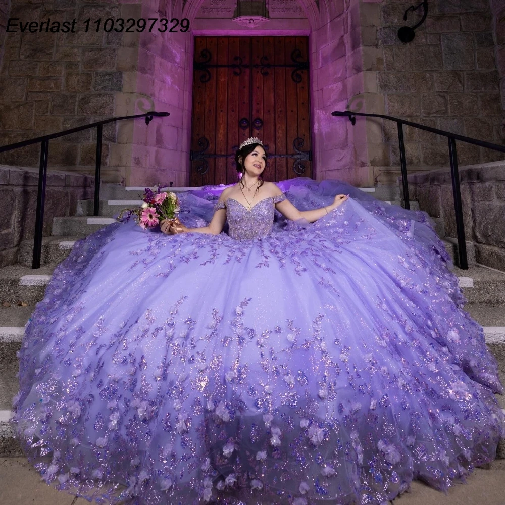 EVLAST Customized Purple Lilac Quinceanera Dress Ball Gown Floral Applique Beaded Crystal Sweet 16 Vestido De 15 Anos QD1142