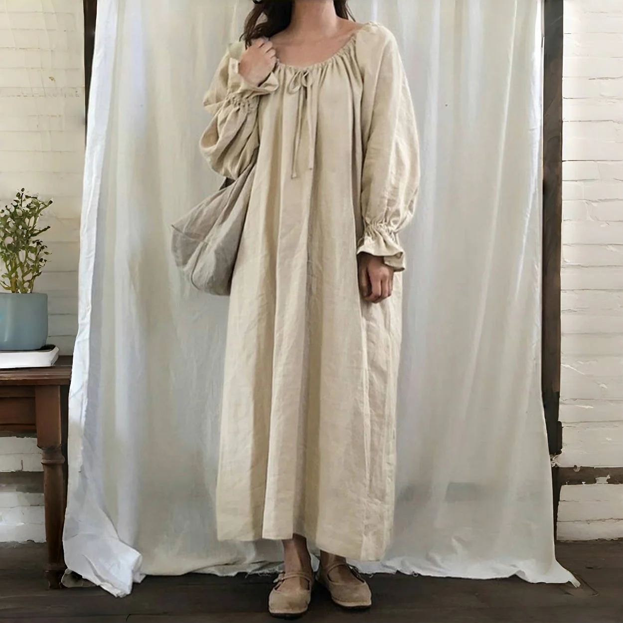 Vintage 100% Cotton Dress Women Robe Long Sleeve Loose O-neck Drawstring Sleeve Maxi Dresses Ladies Evening Gown Dress Mori Girl