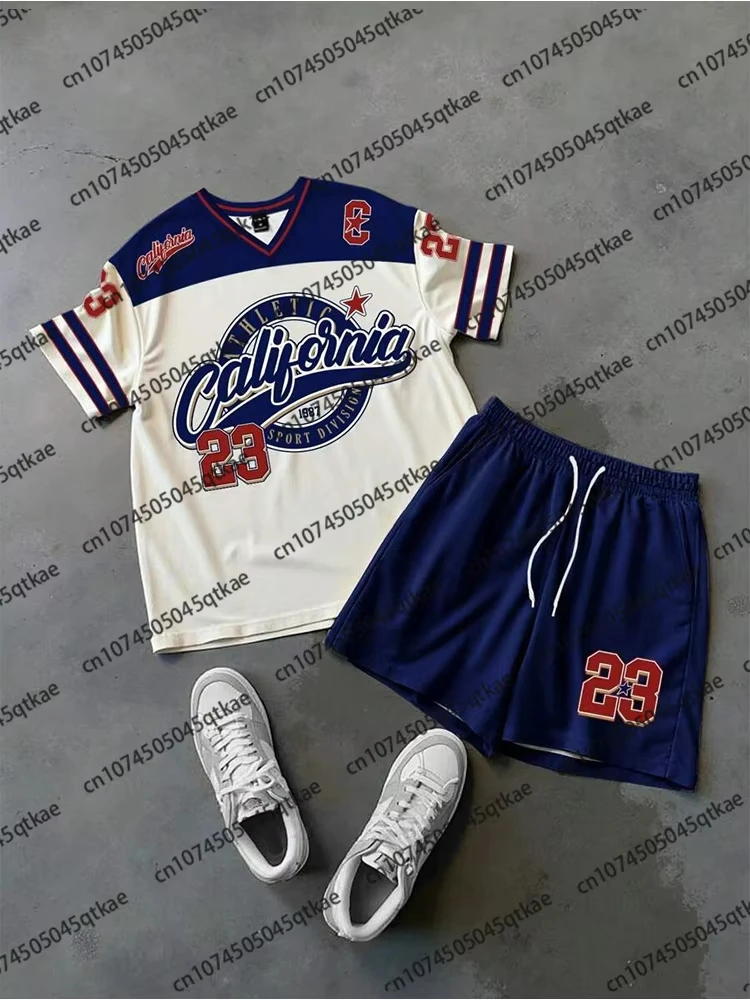 

California N0.23 Short Sleeve TShirt Shorts Set Fashion Colorblock Gradient Unisex Tracksuit Oversized 2 Piece Set Sportwear