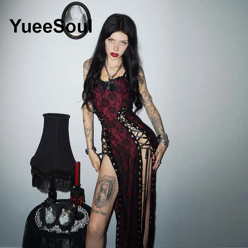 Grunge Gothic Women Dress Lace Trim High Waist Bodycon Mini Dress 2026 New E-girl Vintage Punk Harajuku Lolita Party Clothes