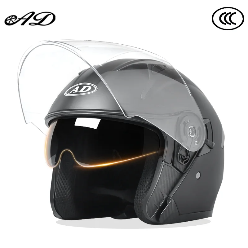 

AD Men Motorcycle Helmet HD Anti Fog Double Lens Open Face MOTO Helmets Seasons Certified Safety Cap Free Shipping