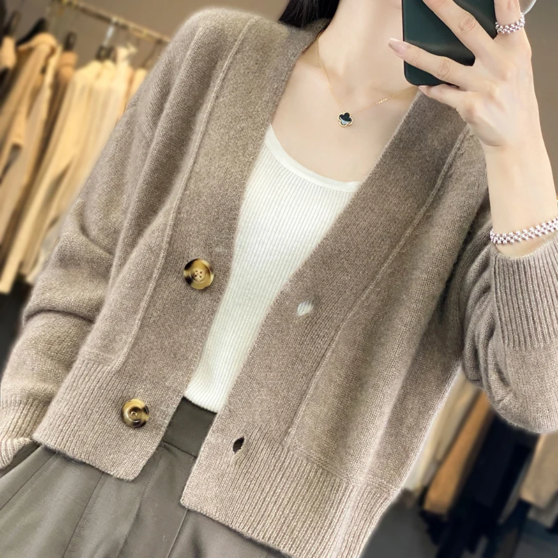 BELIARST Autumn/Winter 2023 New Women\'s Clothes V-neck Cardigan Knit 100% Merino Wool Sweater Jumper Casual Solid BE-8832