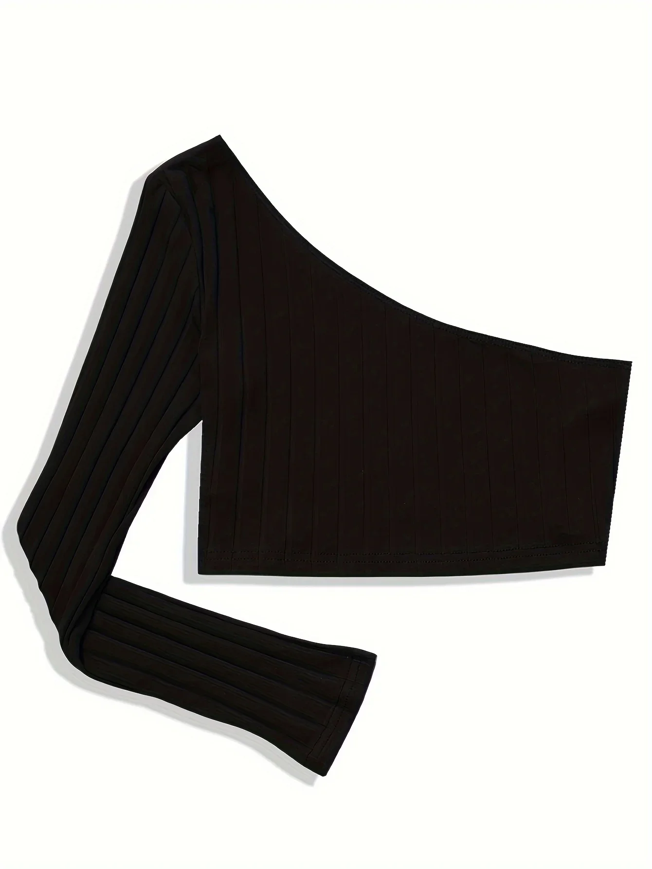 Elegant One-Shoulder Crop Top for Women - Versatile High Stretch Long Sleeve Solid Color Easy-Care