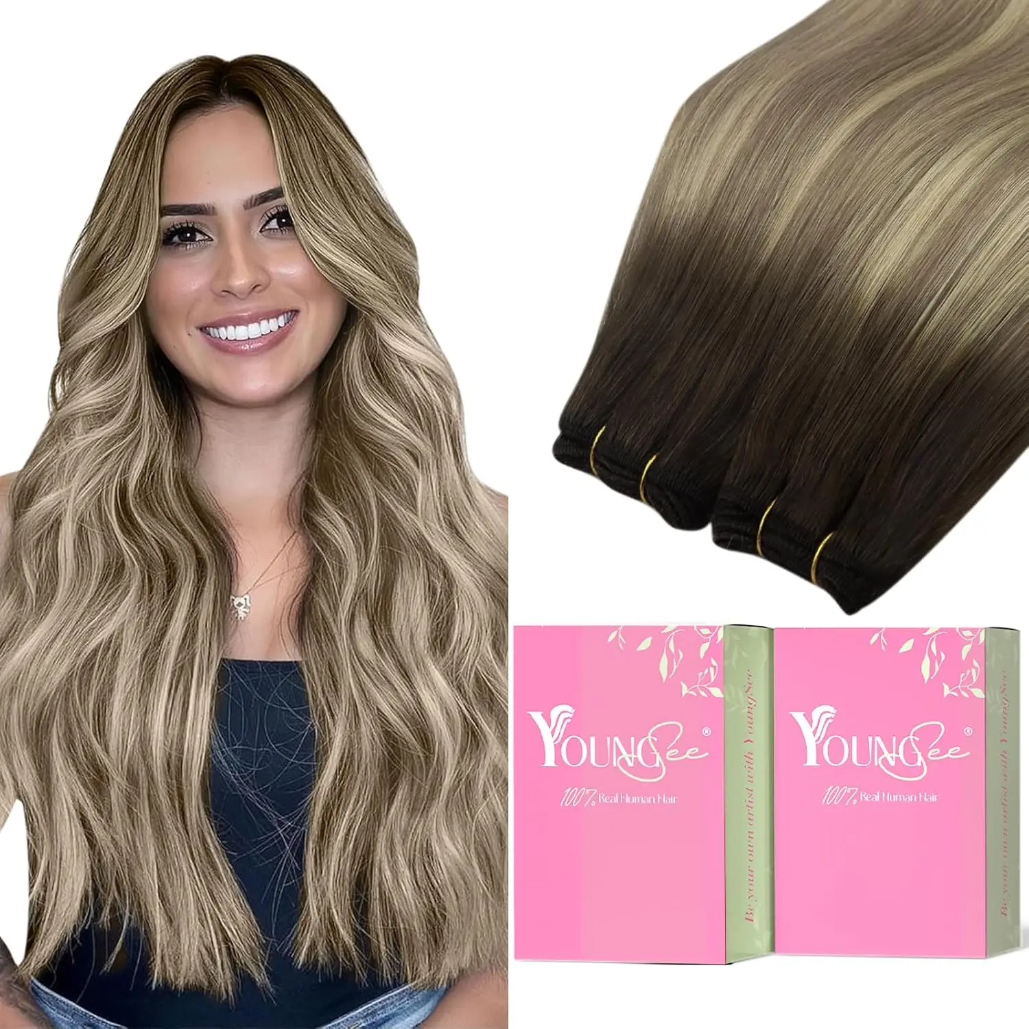 

YoungSee Weft Hair Extensions Real Human Hair Dark Brown Ombre Light Brown with Blonde High Quality Hair For Woman 14-24inches