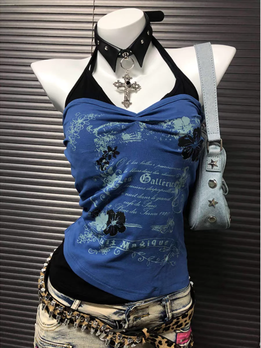 Y2k Sexy Crop Top Goth Vintage Slim Halter Letter Print Woman Clothing Off Shoulder Punk 90s Fake 2 Pieces American Harajuku Tee