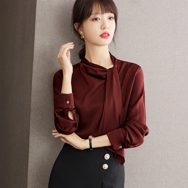 Elegant Ribbon Pile Collar Long Sleeve Wine Red Blouse Women Tops Spring Autumn Office Lady Loose Bussiness Casual Shirt D2184