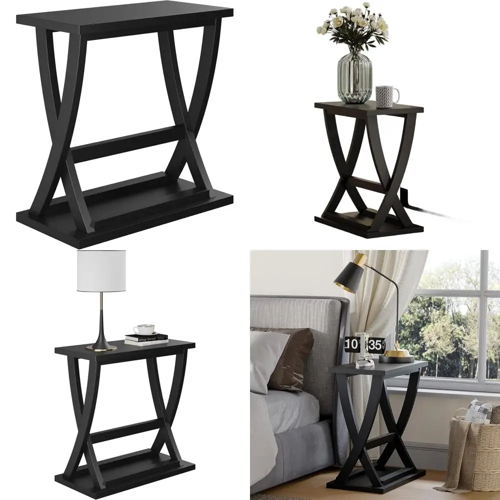 

Modern X-Design Narrow Side Table with Storage Shelf for Living Room, Bedroom, and Small Spaces