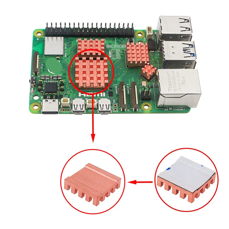 do płytki rozwojowej Raspberry Pi 5. Radiator z czystej miedzi z klejem termicznym