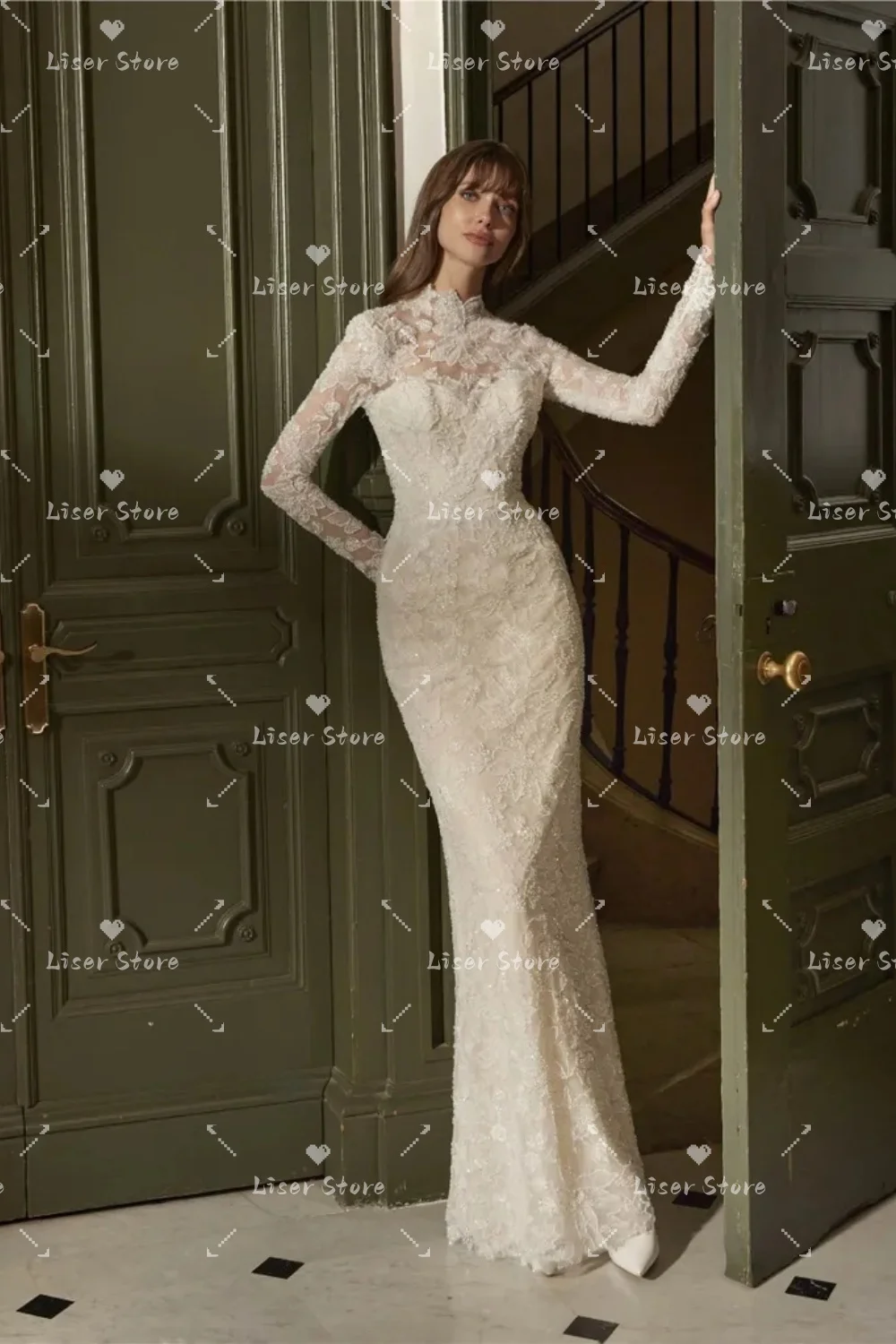 Liser Customized Ivory High Neck Long Lace 2-piece Wedding Dress Satin Overskirt High Slit Big Bow Detail Luxury Robe De Mariée