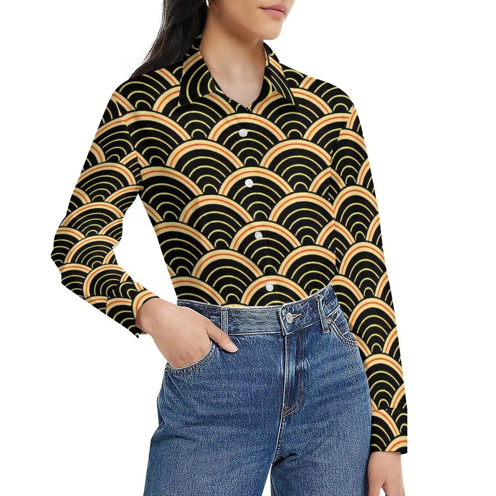 Japanese Seigaiha Blouse Gold Kanagawa Vintage Printed Blouses Womens Street Fashion Shirts Spring Long Sleeve Oversized Top