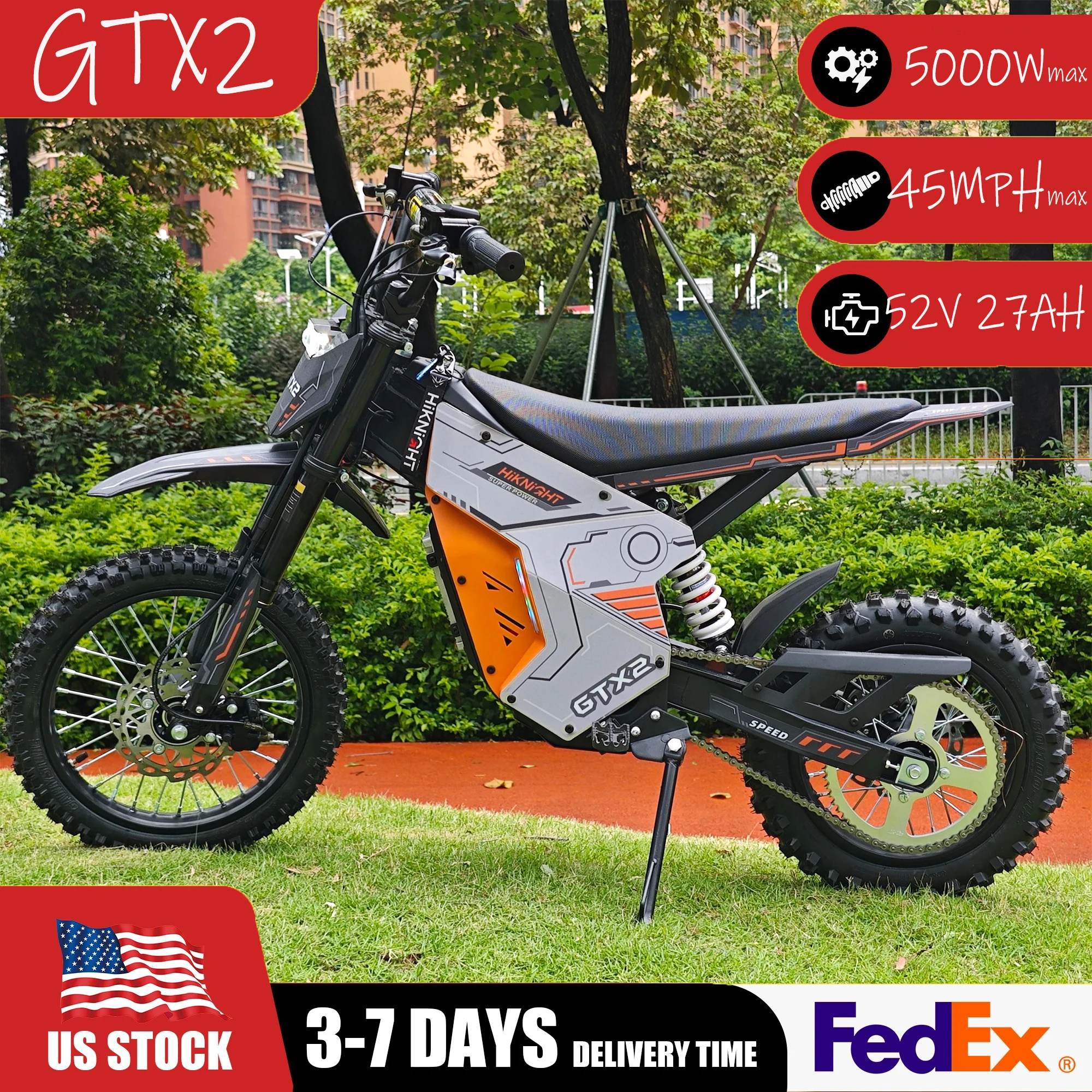 HIKNIGHT GTX2 GTX1 Electric Dirt Bike, 5000W 4000W Peak Mid-Drive Motor, 52V 27Ah 1404Wh Removable UL2272 Battery, 45MPH Top Speed, 52 Miles Max Range, Full Suspension 220mm Hydraulic Fork, Hydraulic Disc Brakes