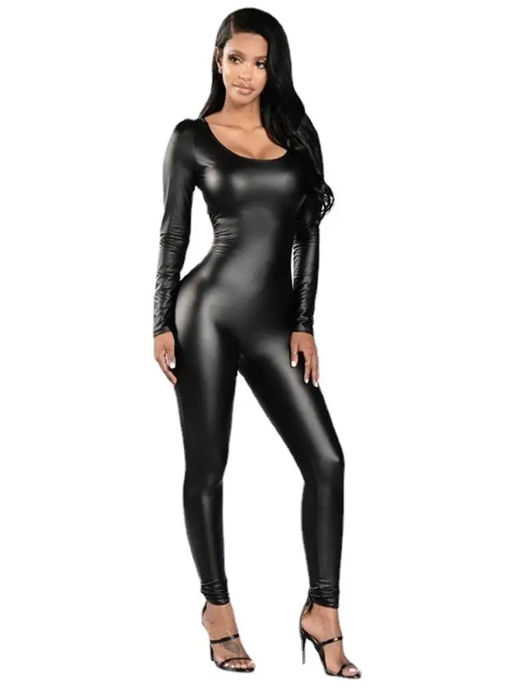 Elastic PU Leather Long Sleeve Catsuit Tights Cosplay Bodysuit Conjoined Leotard Sexy Clubwear Lingerie Unitard Teddies Jumpsuit