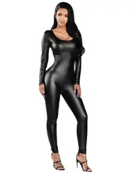 Couro elástico PU Catsuit manga comprida, Cosplay Bodysuit, Collant Conjoined, Clubwear Sexy, Lingerie, Teddies, Macacão, Calças justas