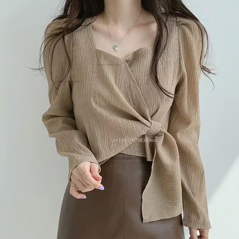 Women Blouse Tops Summer Female Korean Square Neck Long Sleeve Bow Knot Lace Up Loose Blouse Shirts S-3XL