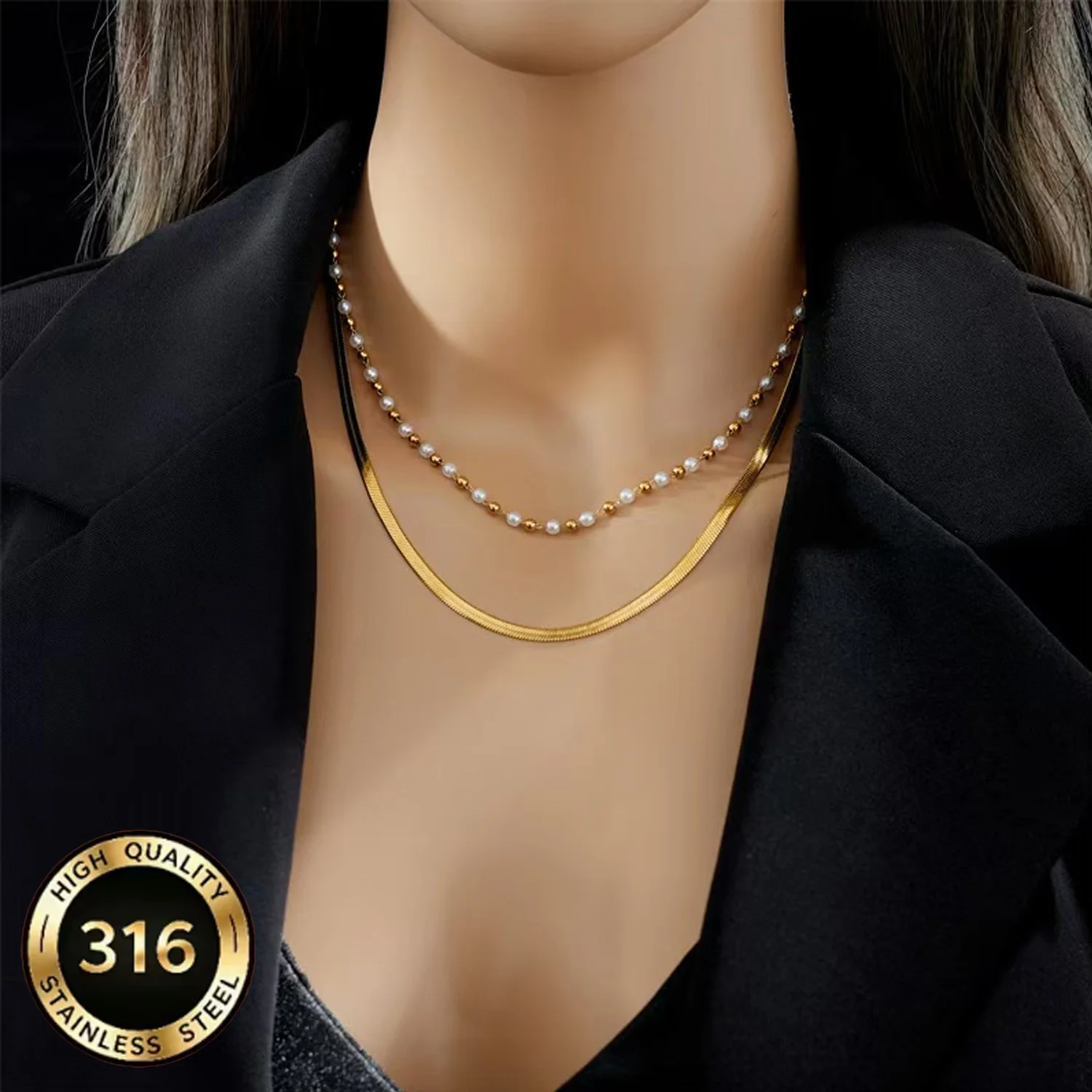 Fashionable Niche Light Luxury Pearl Flat Chain Double-layer Necklace, Titanium Steel, Won't Fade Collarbone Necklace for Women