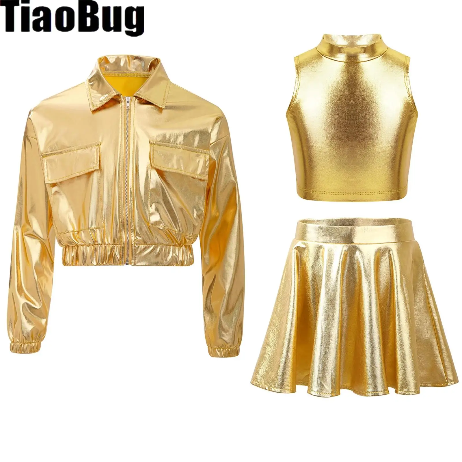 Girls 3 Pcs Set Metallic Shiny Jacket Long Sleeve Outwear Sleeveless Turtleneck Crop Tank Tops Pleated A-Line Skirt