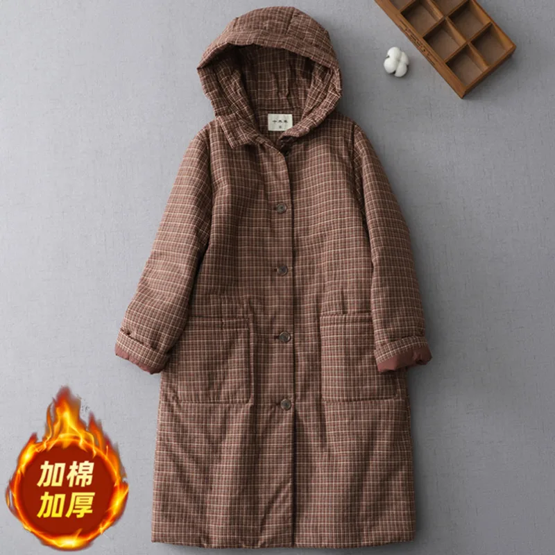 Chinese Style Vintage Loose Thicken Cotton Coat Women Autumn Winer Long Sleeve Womens Hooded Outerwear Elegant Long Jacket