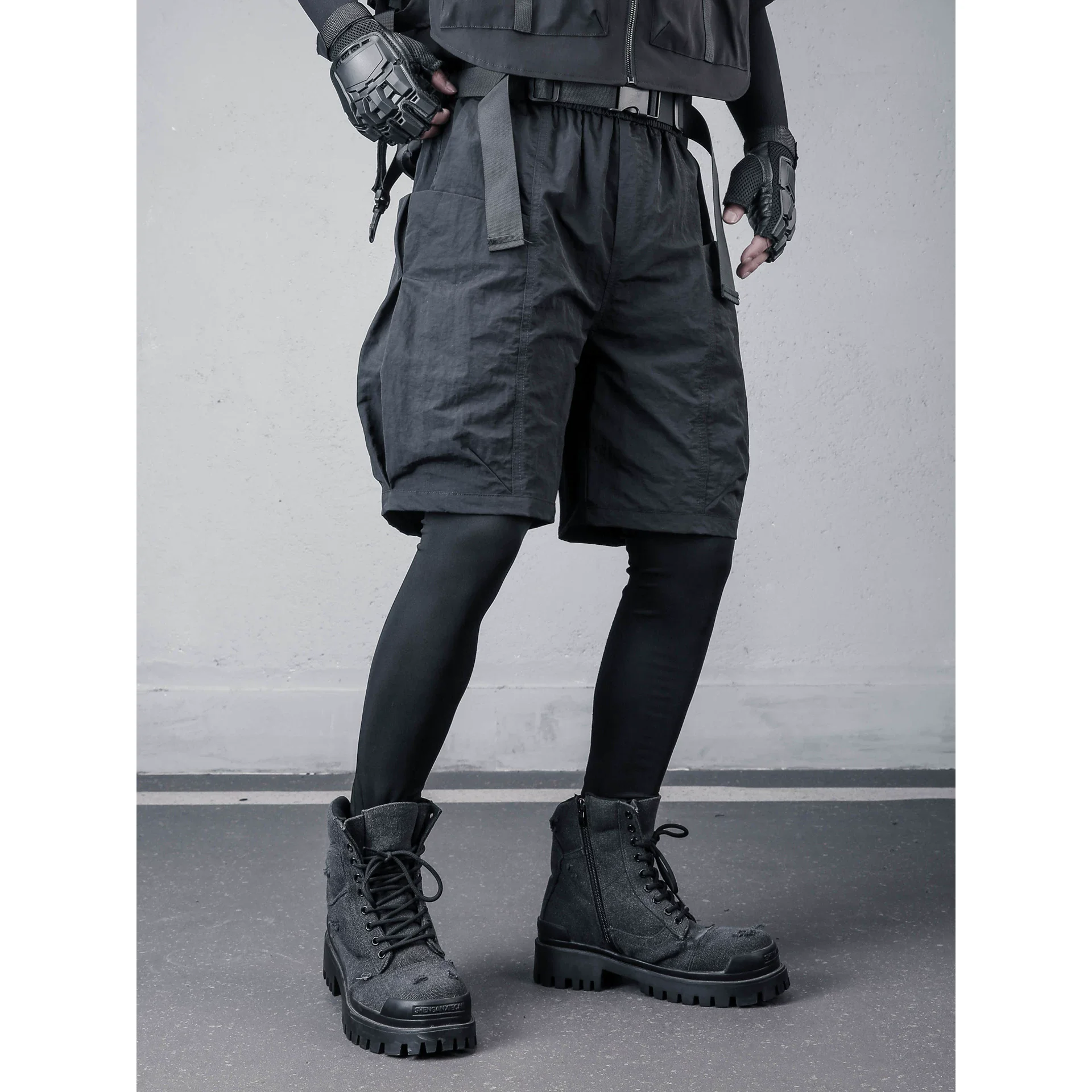 2026 Summer Thin Cargo Shorts for Men Techwear Quick-Dry Hiking Bottom Casual Streetwear Elastic Waist Black