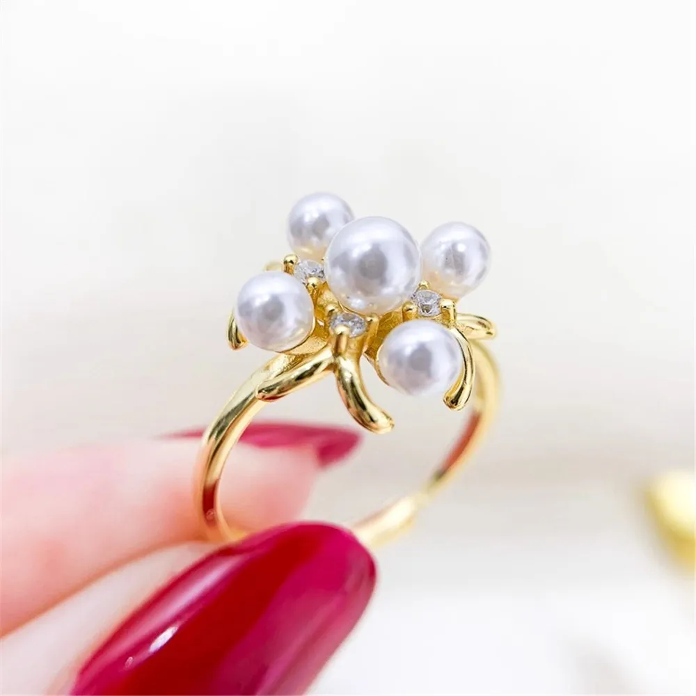 

S925 Silver Sterling Ring Inlaid Zirconia Half Hole Pearl Ring Base Resizable Design DIY Handmade Fine Jewelry Ring Accessories