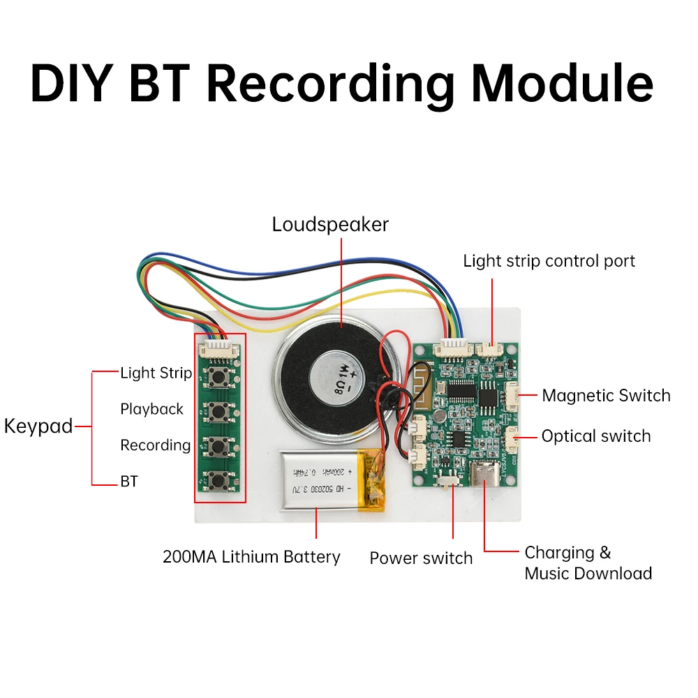 DIY Bluetooth Recording Module 8M MP3 WAV Button Control Music Voice Player Programmable Board with Speaker for Gift