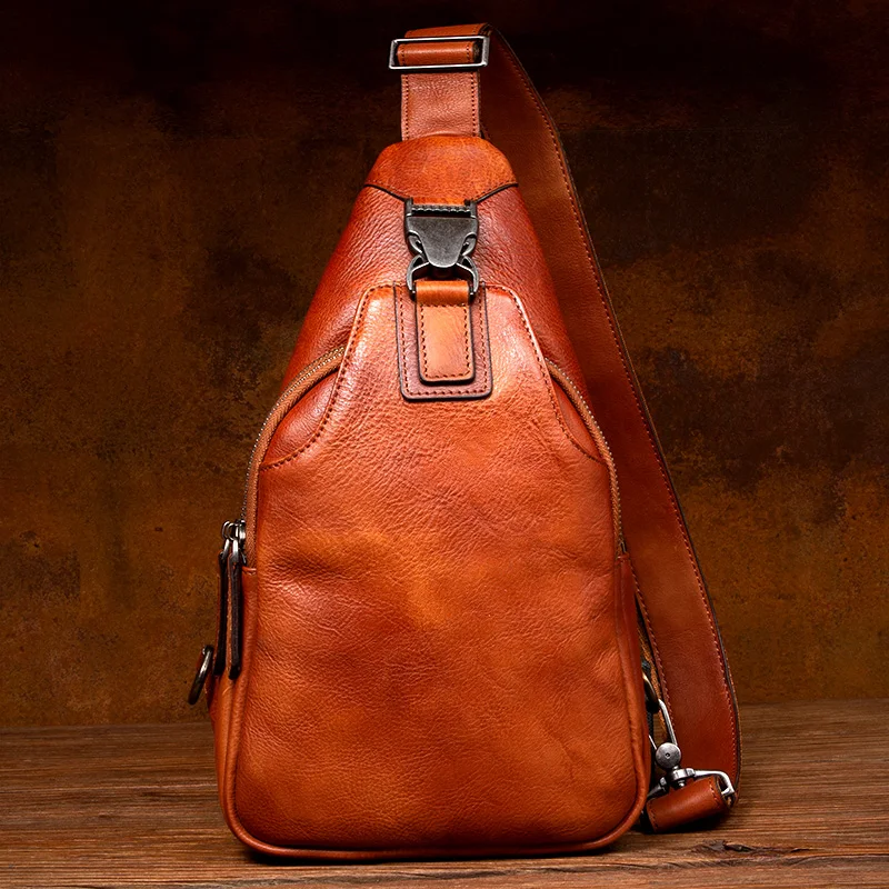 Vegetable tanned leather chest bag tide brand men's crossbody bag hand-painted leather shoulder leisure chest bag tide