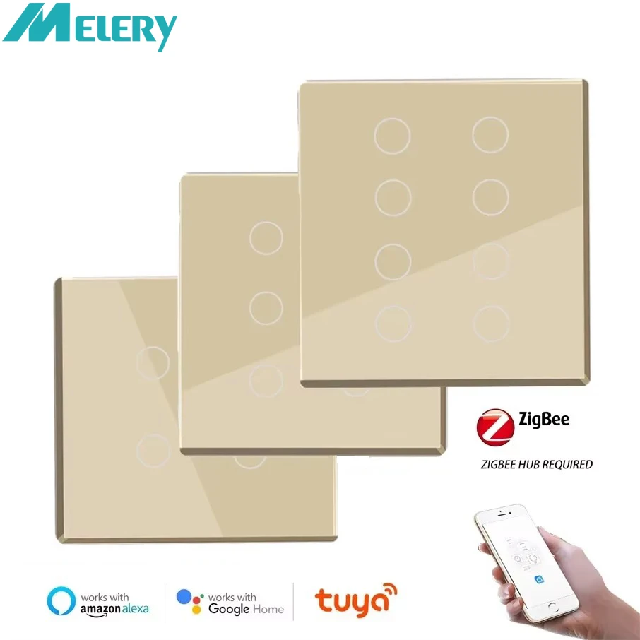 

Melery Zigbee Tuya Brazil Smart Light Switch Gold Repeater 4x4 Touch Sensor Panel 4/6/8 Gang Remote by App Alexa Google Home