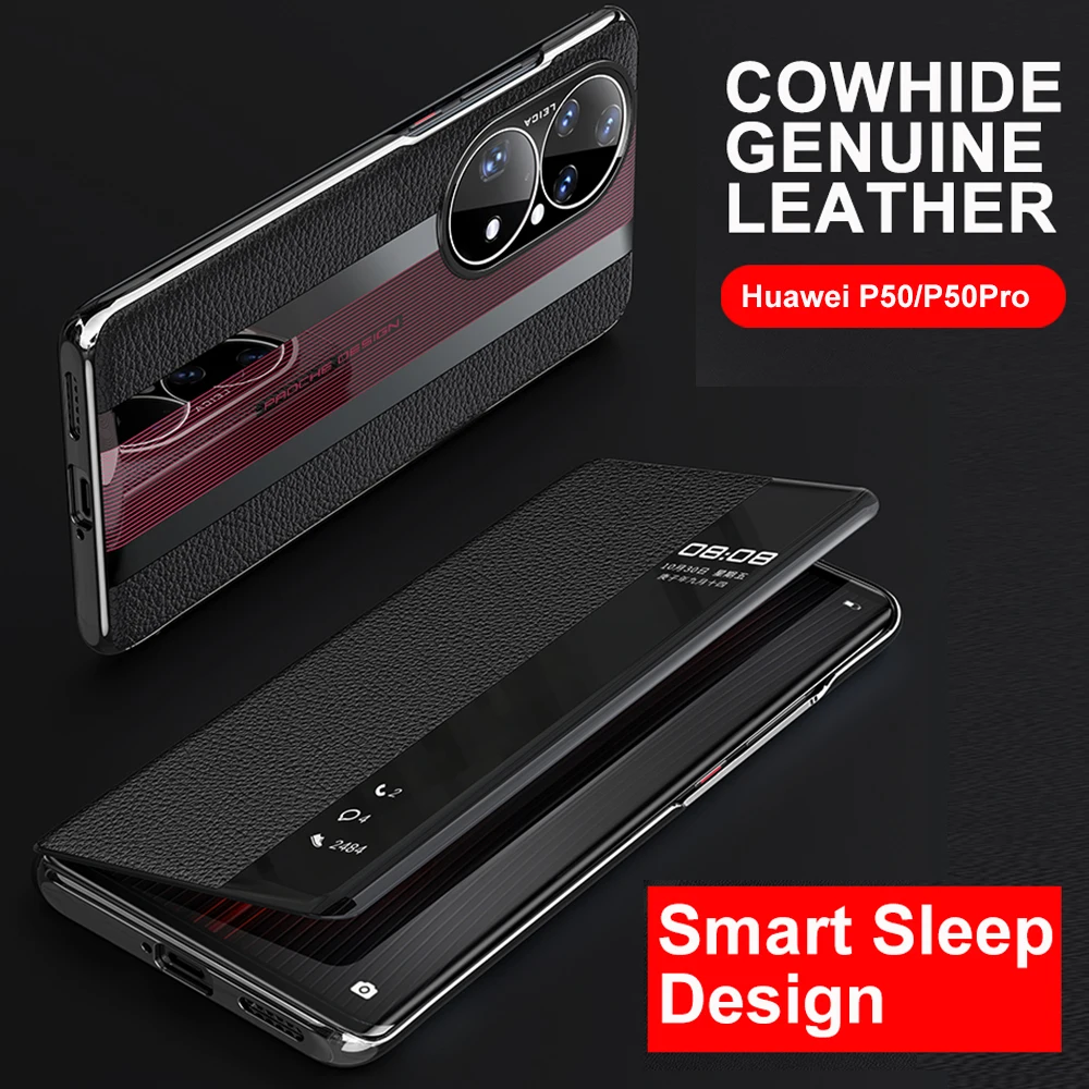 Original Natural Leather Flip Cover For Huawei P50 Pro Ultimate Smart Touch View Protect Porsche design Shockproof Casing