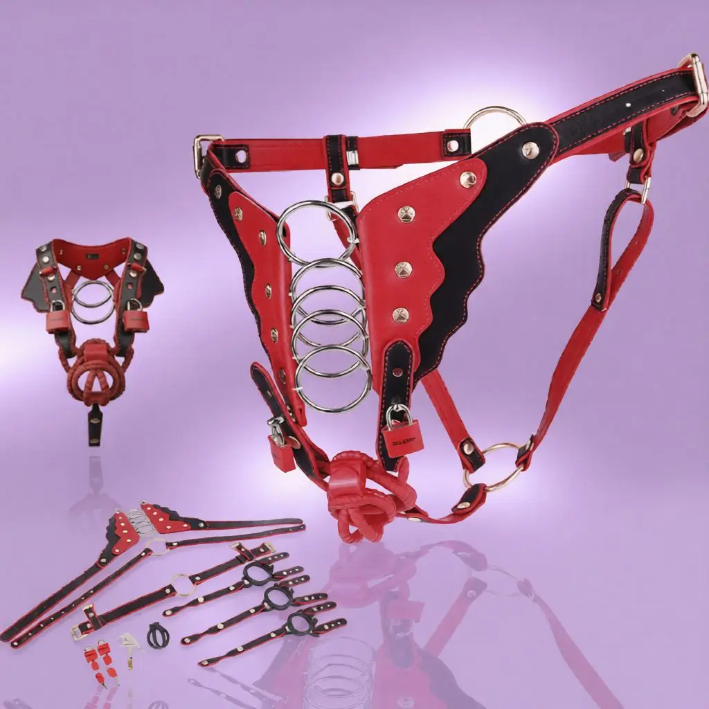 LUUK Crimson Flame Black Knight Ring-Bound Bearer Pants Adjustable Leather Strap Bondage Gear with SM Chastity Cage Toy for Men