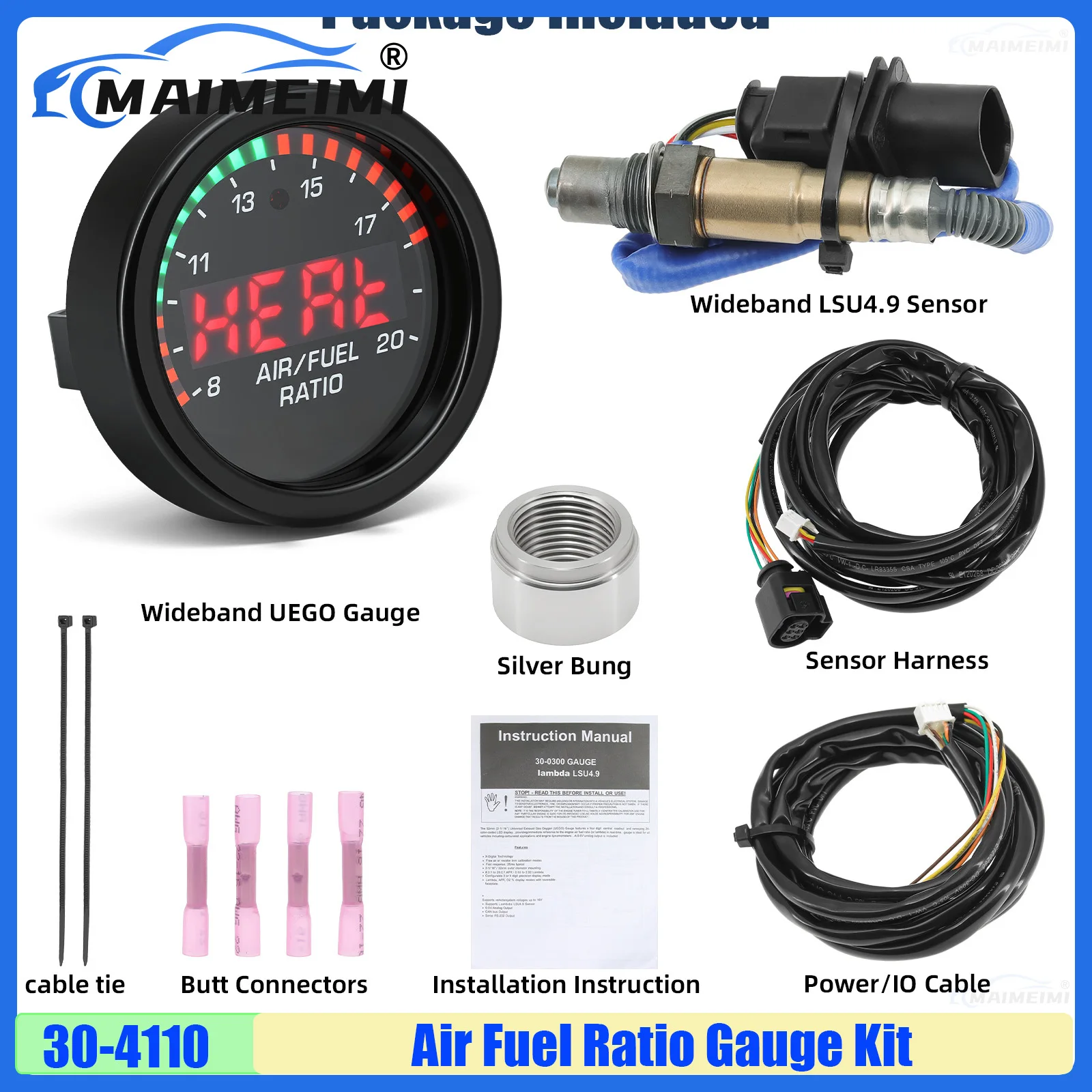 30-4110 X-Series Wideband O2 Meter Air Fuel Ratio Gauge Kit LSU 4.9 0258017025 for Lambda Car Oxygen Sensor AFR Controller Gauge