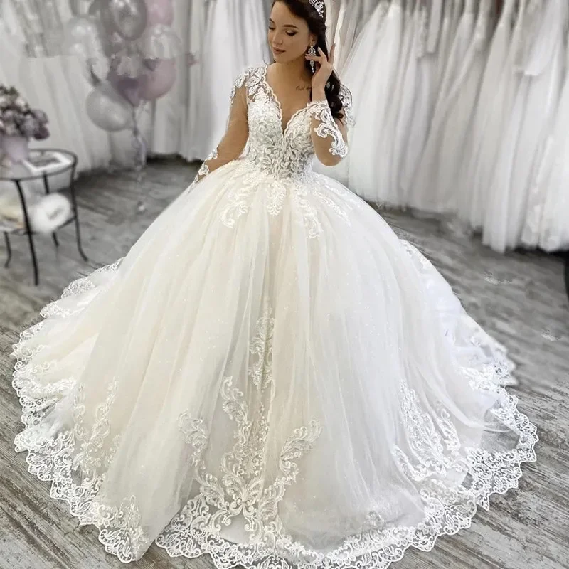 Vestido De novia De manga larga con encaje, cuello en V De lujo con traje sexy, tren De barrido para jardín, fiesta nupcial, novedad De 2024