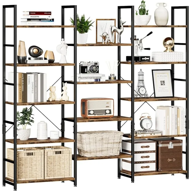 NUMENN Triple Wide 5 Tier Bookshelf, Rustic Industrial Style Bookcases with 14 Open Display Shelves, Modern Tall Bookcase