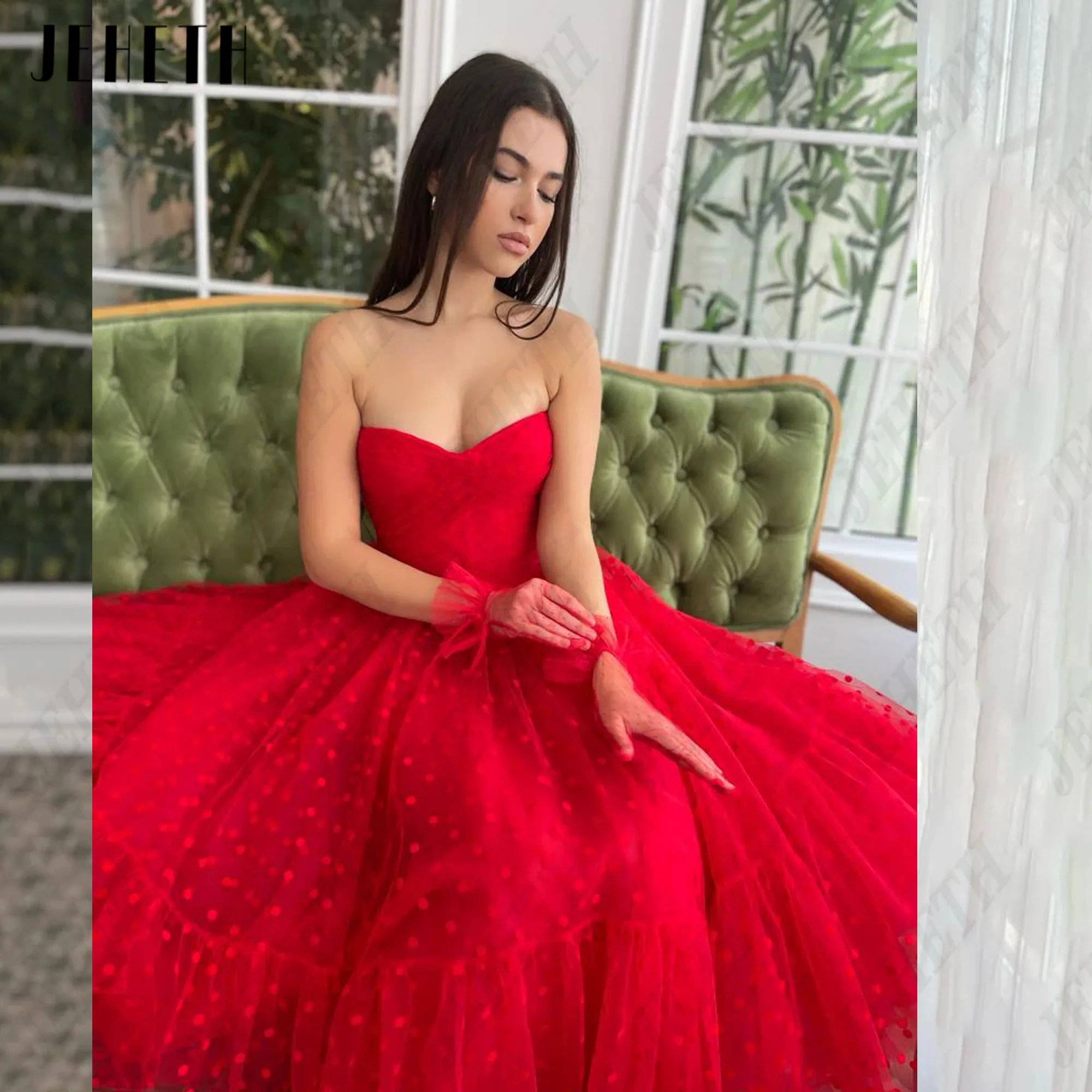 JEHETH Red Dot Strapless Prom Dress Sleeveless A-Line Tulle Vestidos De Festa Ankle Length Party Gowns For Woman Custom Made