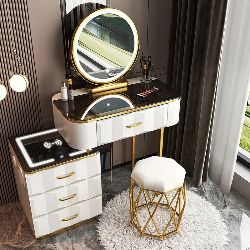 NOVA Nordic Bedroom Dressing Table Modern Minimalist Multi-functional Princess Makeup Table Smart Dresser Table with Golden Legs