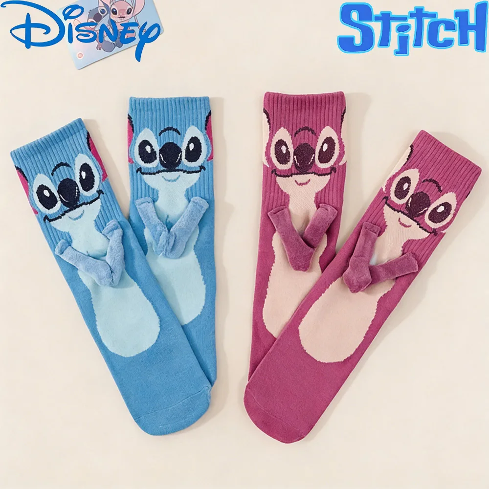 Disney Magnetic Hand-In-Hand Socks - Stitch & Angel Couples Mid-Tube Socks, Funny Home Floor Socks