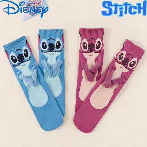 Disney Magnetic Hand-In-Hand Socks - Stitch &amp; Angel Couples Mid-Tube Socks, Funny Home Floor Socks