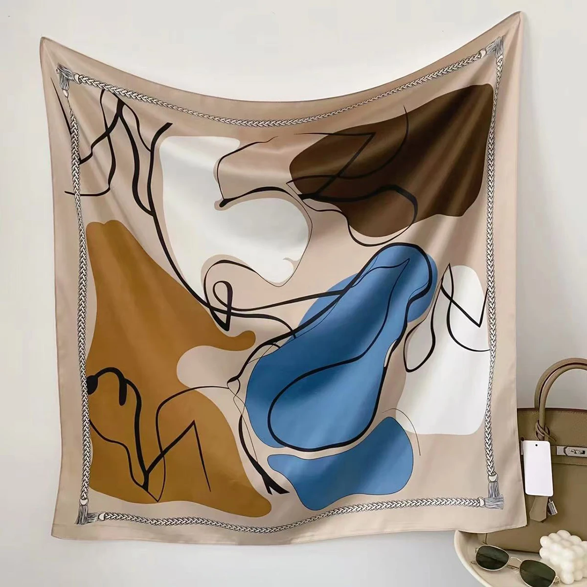 وشاح حريري مطبوع بكتل ملونة بسيطة ، وشاح متعدد الاستخدامات من نسيج التويل ، مظلة شمسية مربعة كبيرة ، هدية جمع الحجاب ، 90 + #5