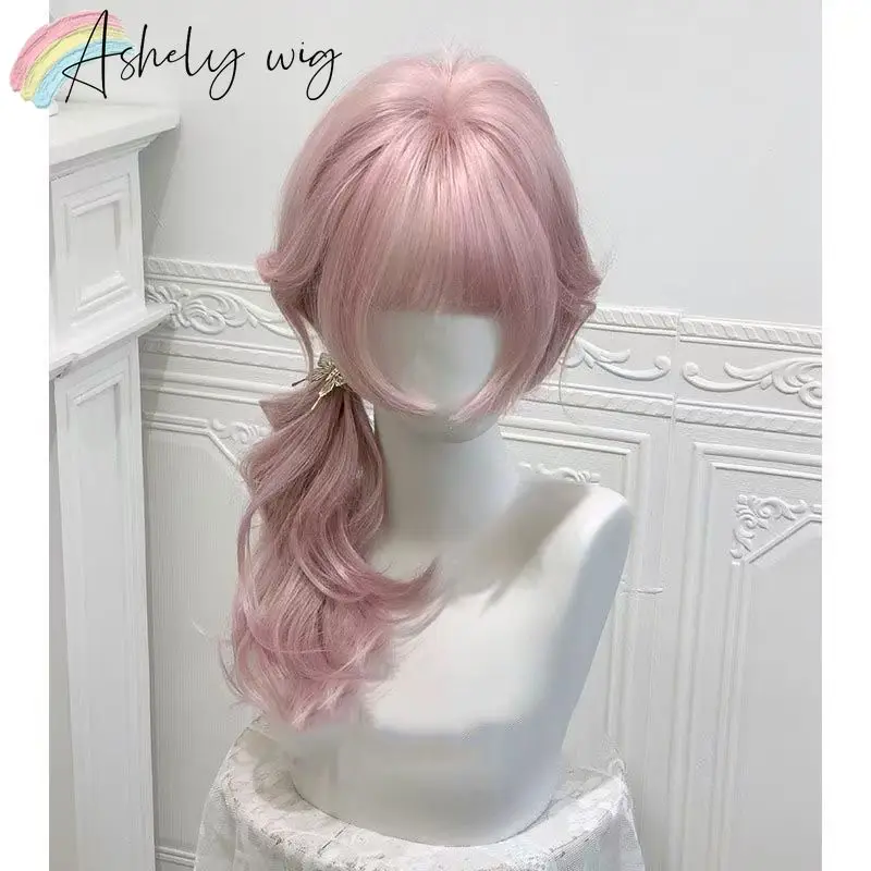 Ashely Wig for Women New Long Wavy Wig with Bangs Natural Lolita Pink Cute Hair Wigs High Temperature Fibers Synthetic Wig - view 4