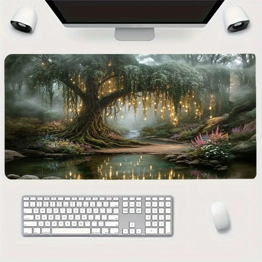 Große, geheimnisvolle Tischmatte mit magischem Waldmotiv und Gaming-Mauspad, mit Twilight Tree Glow Balls Repose Poignet Clavier