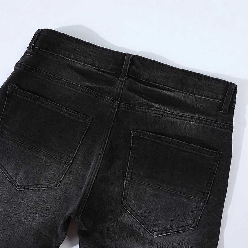 

Fashionable new men's jeans with perforated patches, washed nostalgic black jeans, high street hip-hop brand, high-quality elast