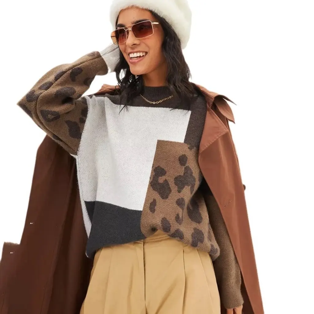 

Women's Leopard Print Knitted Sweater Loose Fit Elegant Pullover Top Retro Lazy Style Autumn Winter Outer Wear