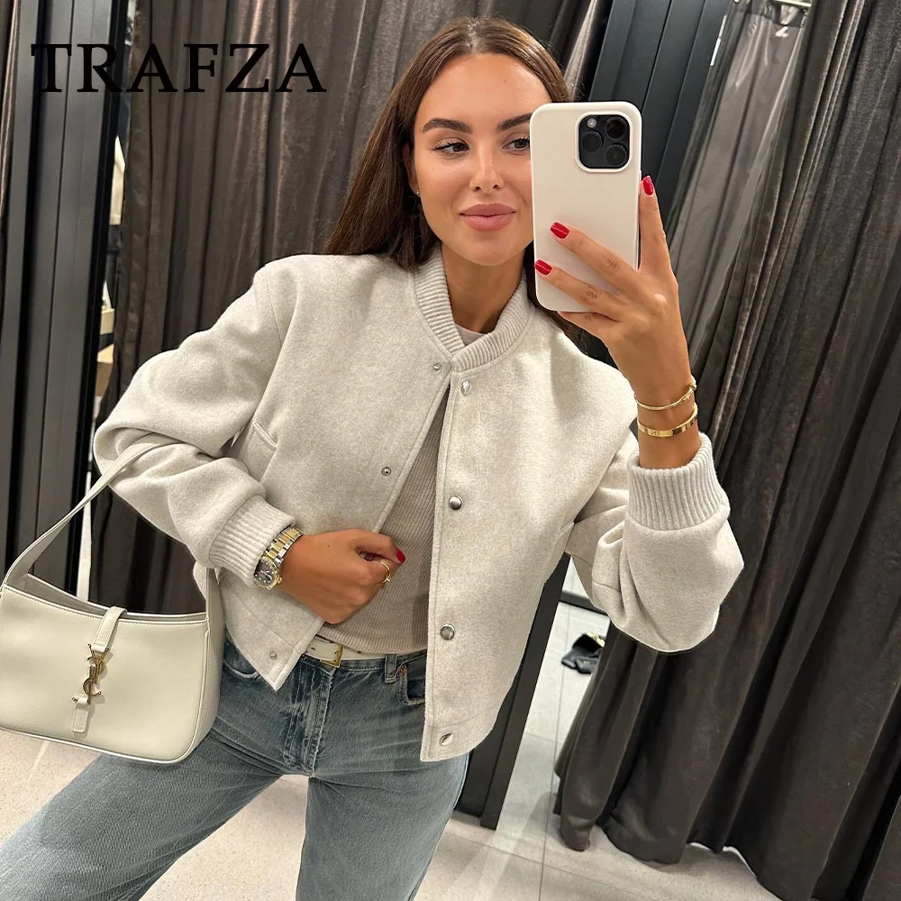 TRAFZA 2024 Autumn Winter Casual Women Jackets Fashion Streetwear O Neck Solid Single Breasted Pockets Chic Ladies Jackets