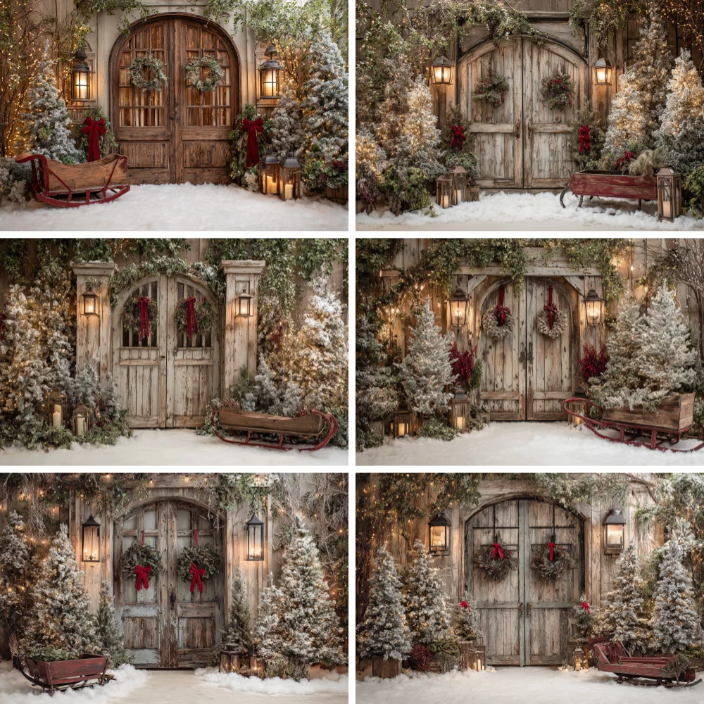 

Winter Christmas Photography Backdrop Rustic Arch Door Xmas Tree Garland Background Adult Kids Portrait Photo Studio Props