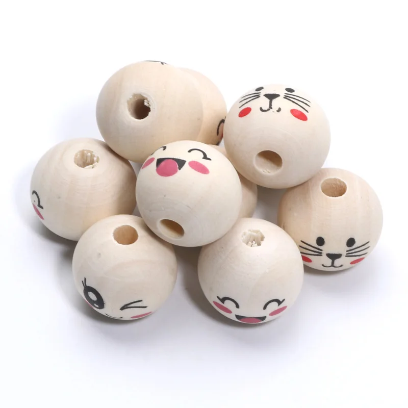 20mm 10pcs Natural Color Round Wood Beads Cute Cat Smile Face Beads For Jewelry Making Diy Needlework Craft Accessories Supplies