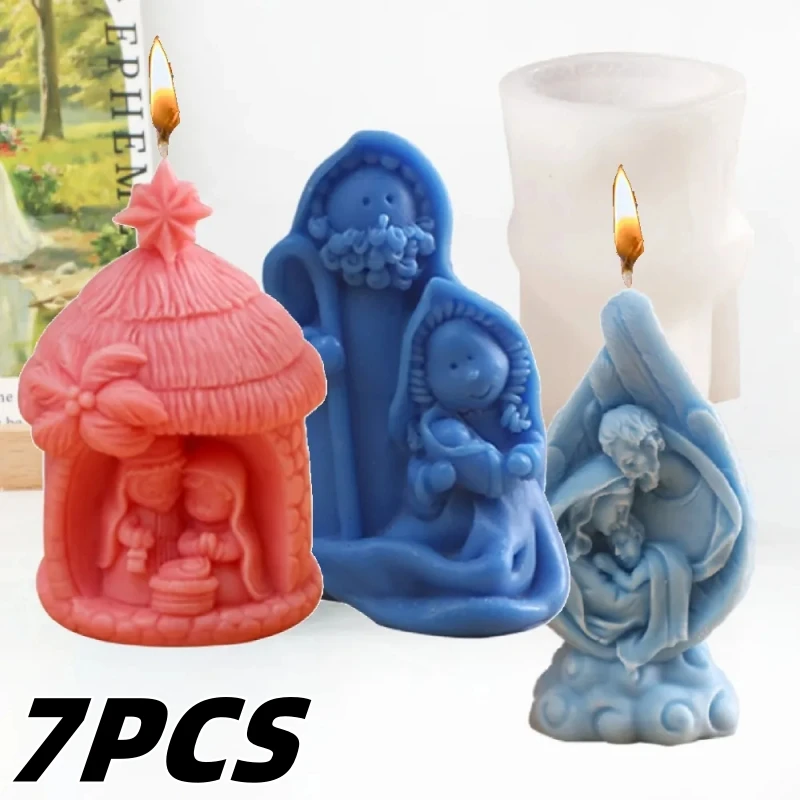 1-7PCS Holy Religion Nativity Silicone Candle Mold 3D Stone House Aromatherapy Plaster Soap Epoxy Crafts Casting Home Decor